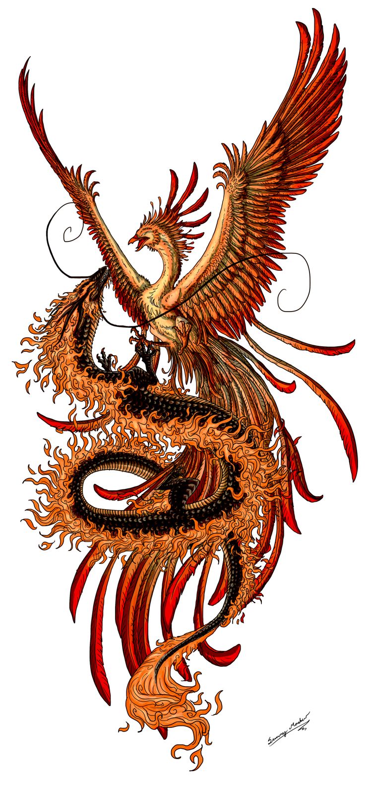 an artistic drawing of a dragon with wings spread out