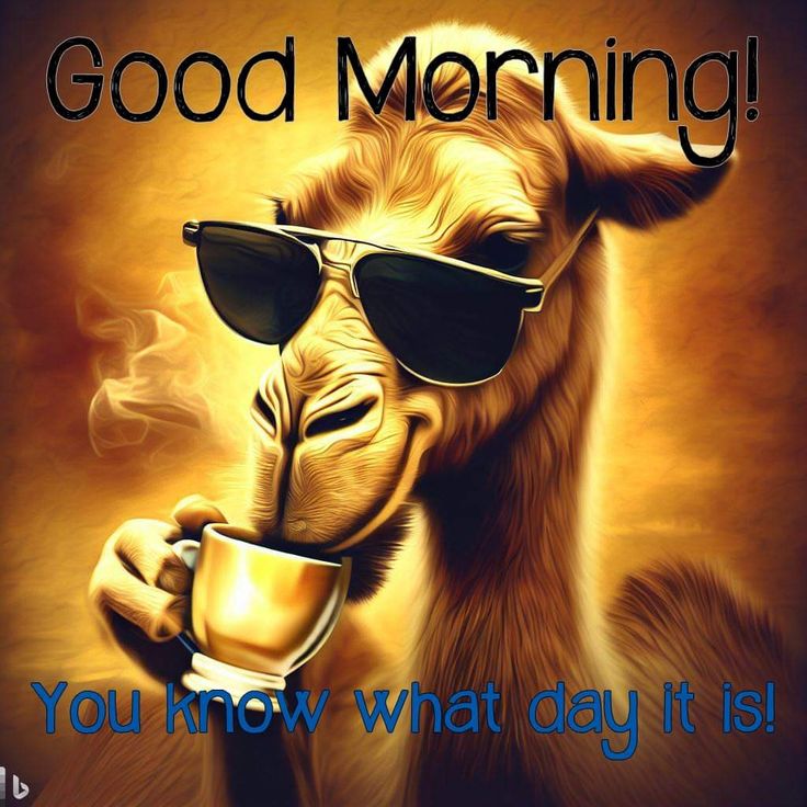 a camel wearing sunglasses and holding a cup with the caption good morning you know what day it is