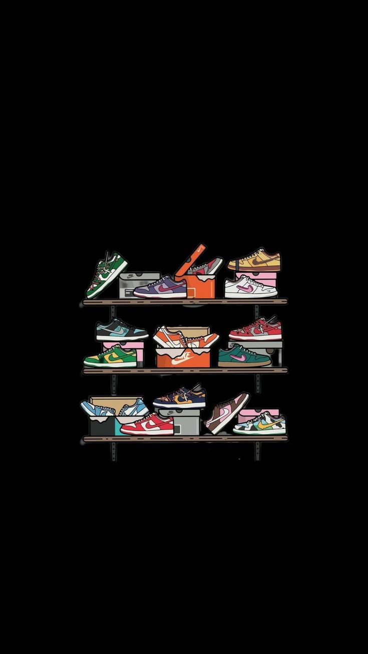 three shelves filled with shoes on top of each other in front of a black background