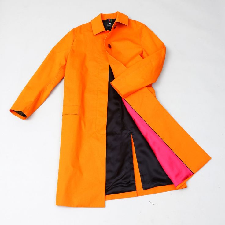 Nwt, Orange Trenchcoat With Brown Top Button. Pink Satin Accent Lining And Black Inner Lining. Pink Lapel Collar Outerwear With Hidden Buttons, Pink Double-breasted Outerwear With Hidden Buttons, Orange Outerwear With Button Closure For Work, Orange Workwear Outerwear With Button Closure, Orange Outerwear With Buttons For Work, Orange Buttoned Outerwear For Work, Orange Workwear Outerwear With Buttons, Chic Pink Outerwear With Snap Buttons, Orange Coat