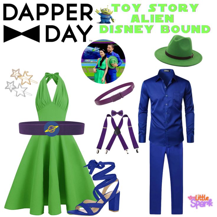 the costume is green and blue with accessories