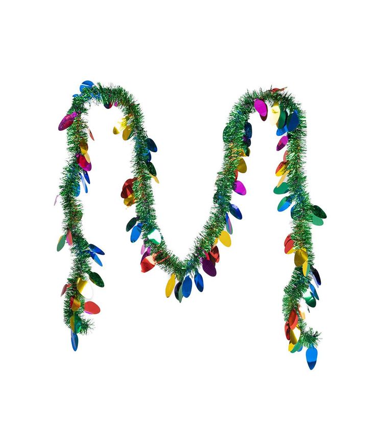 the letter m is made up of christmas tinsels and multicolored lights