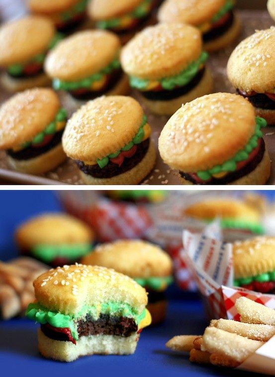 two pictures of hamburgers and french fries on a tray with other food items in the background