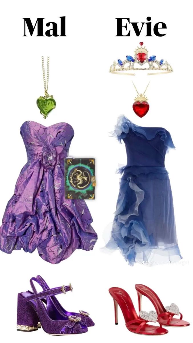 four different types of dresses and shoes with the words mail evie on top of them