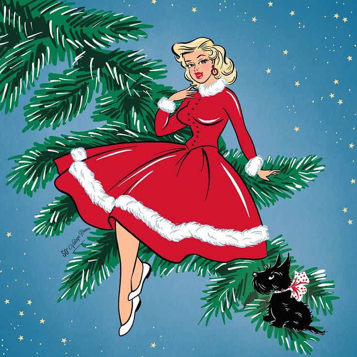 a woman in a red dress is hanging on a christmas tree with a black cat