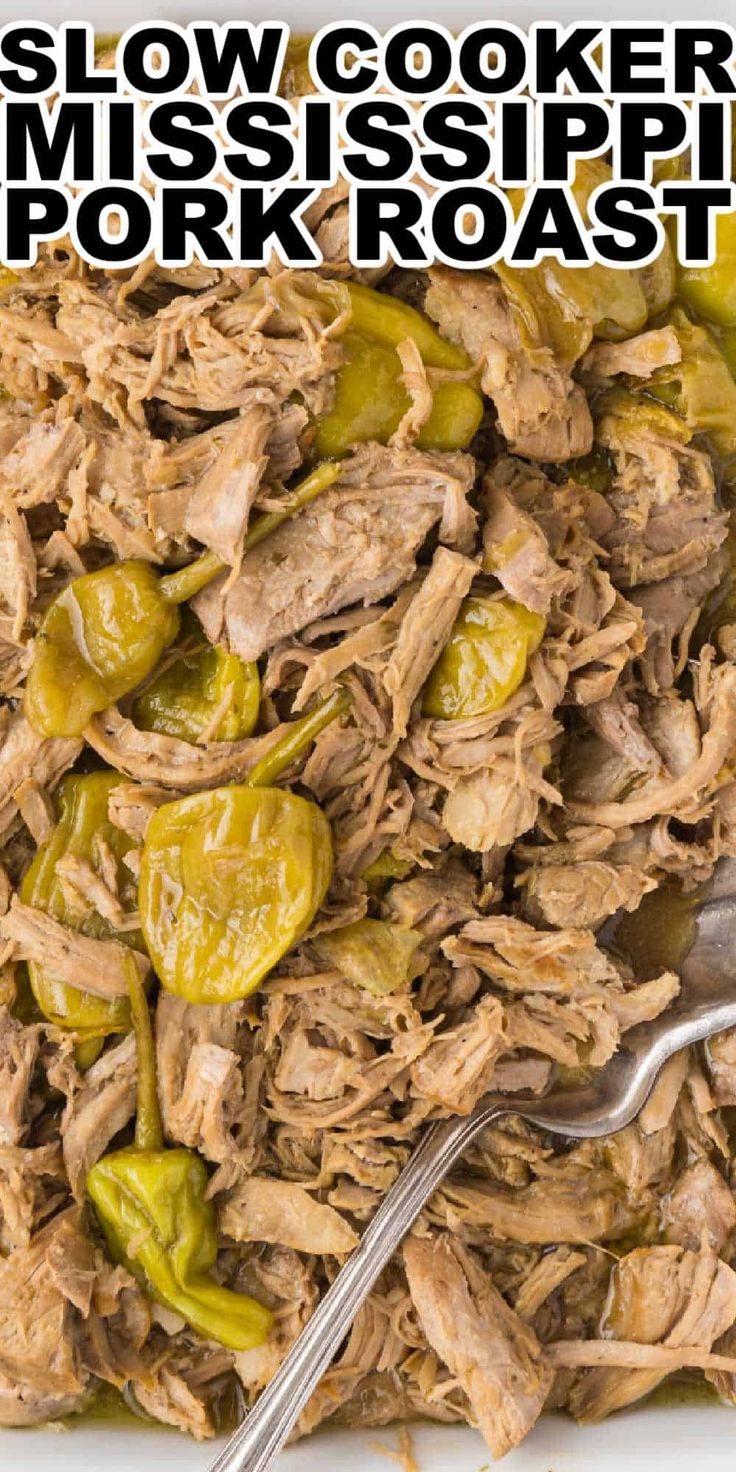 slow cooker mississippi pork roast with green peppers and jalapenos in a white bowl