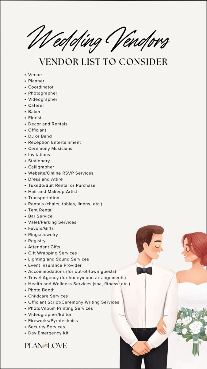 Wedding Vendor List Vendors to Book Wedding List Of Things To Do, Wedding Categories, Vendors List For Wedding, List Of Wedding Vendors, Vendors For Wedding, Fun Wedding Vendors, Wedding Planning For Beginners, Wedding Planning Book Ideas, Planning For A Wedding