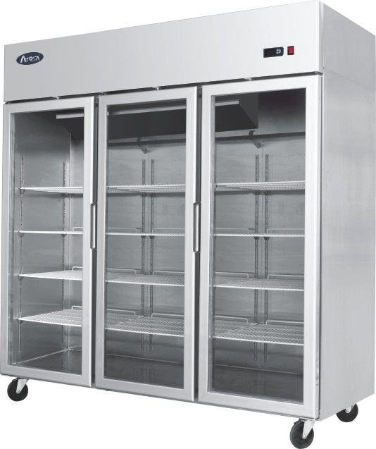 two glass door refrigerators sitting side by side on casteors with wheels and doors open