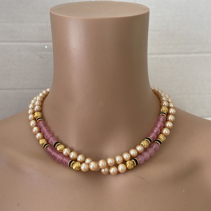 Vintage Pearl Necklace With Pink And Gold Tone Beads Elegant Pink Beaded Necklaces With Round Beads, Elegant Pink Beaded Necklace With Round Beads, Pink Pearl Beaded Necklaces For Parties, Elegant Pink Beaded Necklace With Faceted Beads, Elegant Pink Pearl Necklace With Beaded Chain, Pink Pearl Necklace With Round Beads For Party, Elegant Pink Beads For Party, Pink Pearl Necklace With Colorful Round Beads, Pink Double Strand Beaded Necklace With Faceted Beads