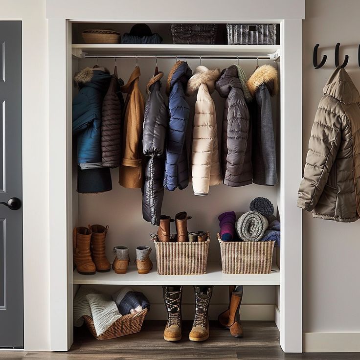 Cozy and organized winter closet with neatly hung jackets and shoes, wicker storage baskets, and wooden shelving in a home setup. Organize Closet Space, Wicker Storage Baskets, Wardrobe Organization, Basement Games, Home Setup, Organized Closet, Home Organization Ideas, Closet Shoe Storage, Game Room Basement