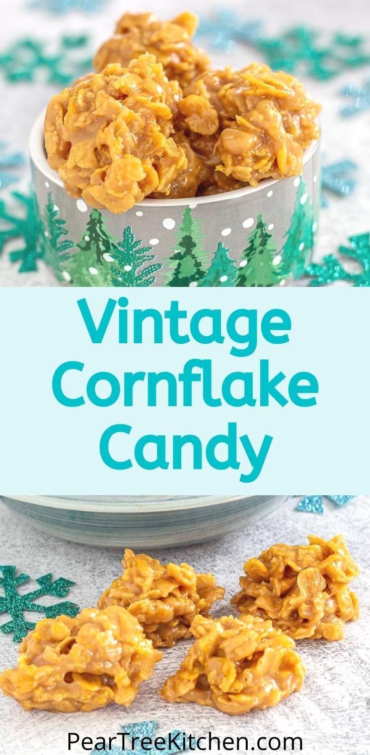 homemade cornflake candy in a bowl with the words vintage cornflake candy