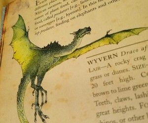 an open book with a drawing of a green dragon