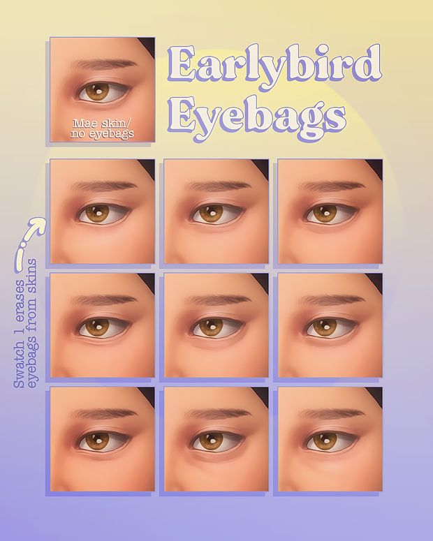 an advertisement for the early bird eyebags program, with many different eyes and eyebrows