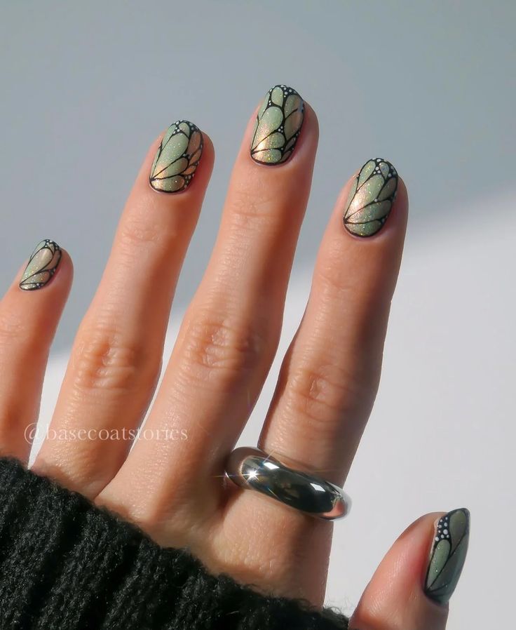 Essie Mystic Marine, Hozier Nail Art, Fairycore Nails Short, Fae Inspired Nails, Fairy Wing Nail Art, Short Mystical Nails, Fairy Nail Art Short, Fairy Nails Green, Fairy Green Nails