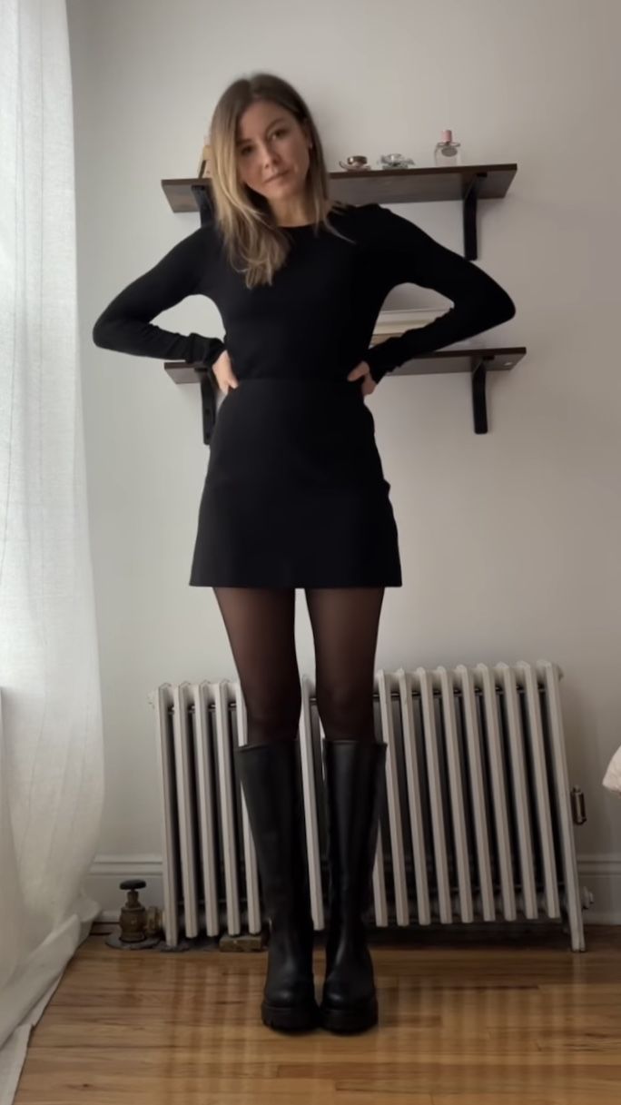 High Fashion Women Outfit Ideas, Old Academia Aesthetic Outfit, Dress With Black Tights And Boots, Skirt And Tights Outfit Going Out, Tights Office Outfit, Black Tights Boots, Looks With Tights, Minidress Tights Outfit, Skirt Sweater Tights Outfit