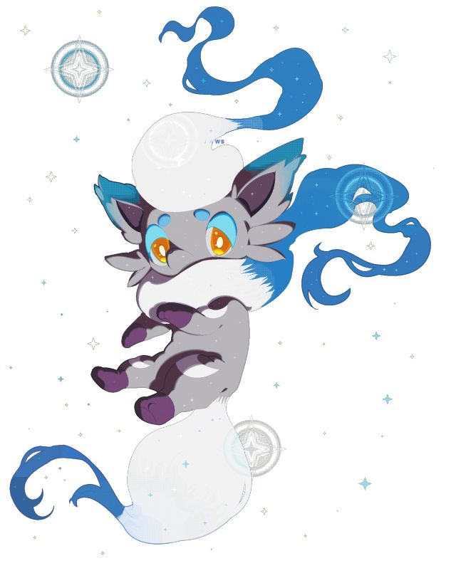 an illustration of a cat with blue hair and eyes flying through the air, surrounded by stars