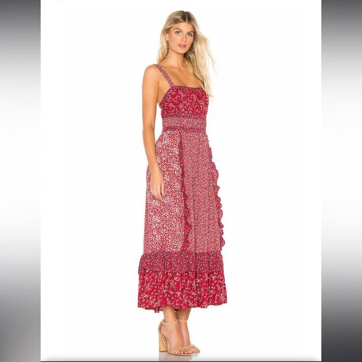 Free People Yesica Maxi Dress Red Sold Out At Free People New Without Tags Red Bohemian Midi Dress With Ruffles, Red Bohemian Maxi Dress With Ruffles, Red Midi Dress For Beach, Red Fitted Bohemian Midi Dress, Fitted Bohemian Red Midi Dress, Fitted Red Bohemian Midi Dress, Chic Red Sundress With Ruffles, Red Bohemian Midi Dress For Spring, Red Midi Sundress For Vacation