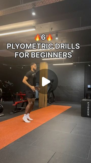 a man is running on an exercise mat with the words 6 pyometric drills for beginners