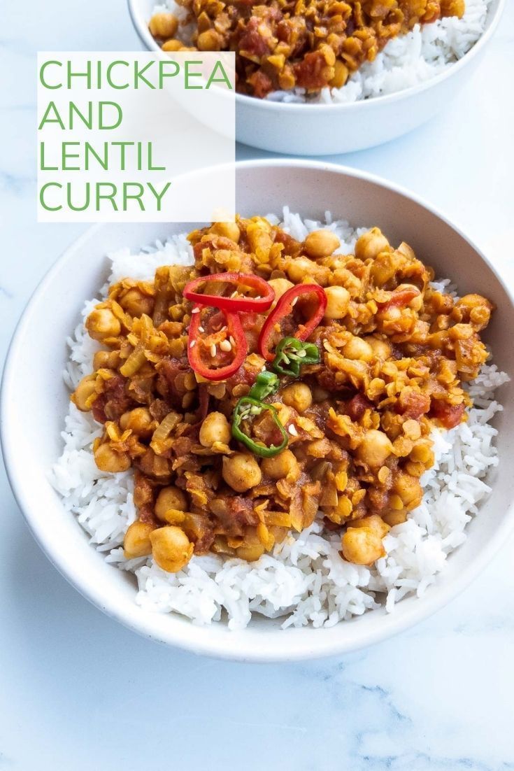 two bowls filled with chickpea and lentil curry on top of white rice