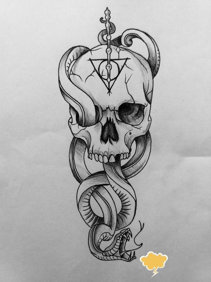 a drawing of a skull with a crown on it's head and snake around the neck