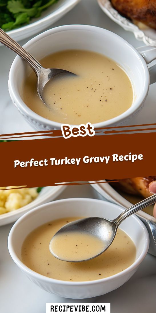 the best perfect turkey gravy recipe is in two white bowls with spoons