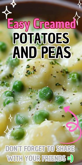 a bowl filled with potatoes and peas on top of a table