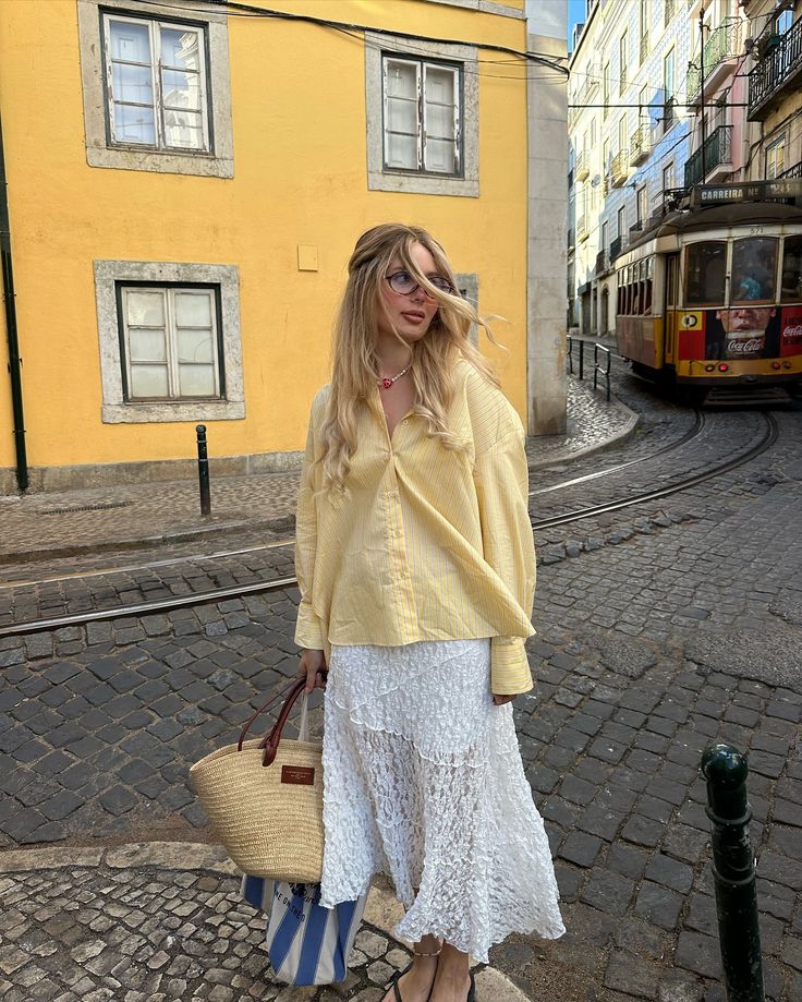 walking the streets of Lisbon🍊✨ shirt @zara skirt @bershka bag @sezane Lisbon Outfit Ideas, Lisbon Portugal Aesthetic, Summer Edits, Bershka Bag, Lisbon Fashion, Thrift Board, Fashion Content Creator, Portugal Trip, Business Casual Fall