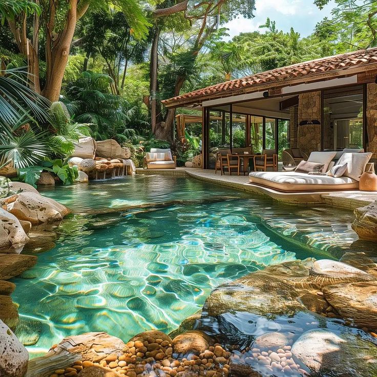 an outdoor swimming pool surrounded by rocks and greenery