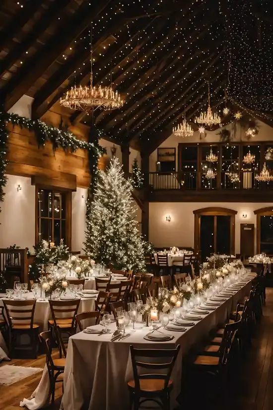 a dining room with tables and chairs covered in white tablecloths, lit by christmas lights