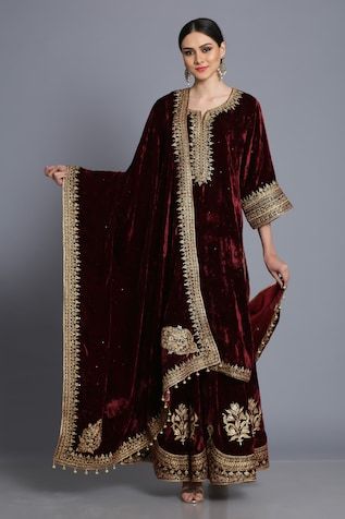 Wine red kurta with zardozi, badla embroidery and sequin detail. Comes with embroidered sharara and dupatta. - Aza Fashions Kashmiri Kurta, Kashmiri Suits, Velvet Shawls, Velvet Outfit, Velvet Dupatta, Kurta Sharara Set, Red Kurta, Kurta Sharara, Velvet Dress Designs