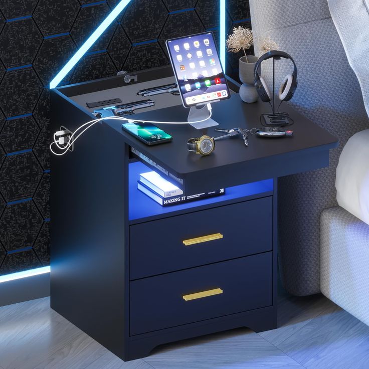 Gurexl Nightstand with Gun Compartment, Beside Table with Charging Station, Modern Nightstand with Auto Sensor LED 3 Color Dimmable for Bedroom Furniture Unique Nightstand, Table With Charging Station, Side Tables For Bedroom, Nightstand With Charging Station, Furniture Bedside Table, Nightstand Lamp, Modern Nightstand, Wood Nightstand, Bedside Table Lamps