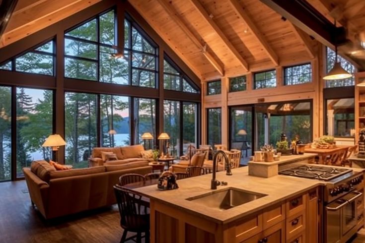 a kitchen and living room with large windows in the ceiling, wood flooring and wooden furniture