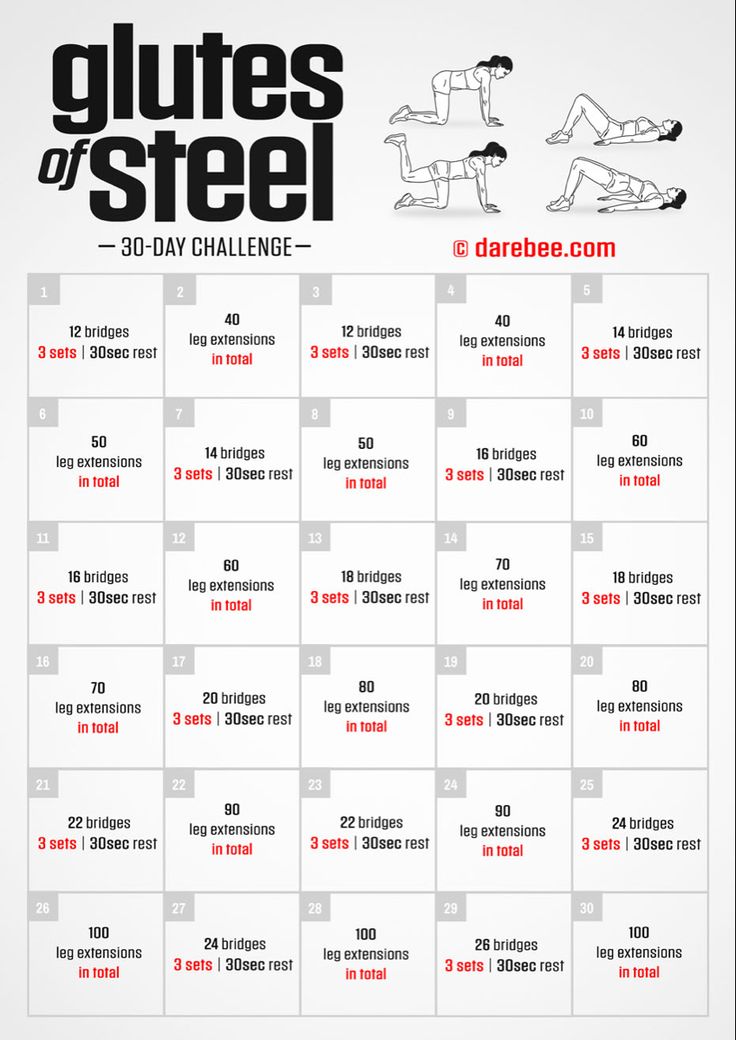 the 30 - day glutes of steel workout plan is shown in black and white