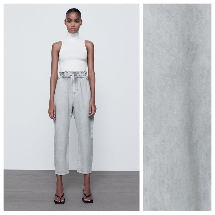 Nwt. Zara Gray Paperbag Baggy High-Waisted Pants/Jeans With Carrot Legs Ankle Rigid Fit, Elastic Waistband, Front Pockets And Back Patch Pockets, Front Zip And Metal Button Closure. Size 2. Ref. 5862/055. Waist 11,5" Flat, Rise 12,5", Inseam 24". 1076 Versatile Tapered Leg Jeans For Spring, Chic Baggy Tapered Leg Jeans, Chic Baggy High-waist Jeans, Versatile Baggy Jeans For Spring, Chic Tapered Leg Spring Jeans, Chic Tapered Leg Jeans For Spring, Versatile Summer Jeans With Tapered Leg, Chic Wide Leg Zara Jeans, Spring Jeans With Elastic Waistband