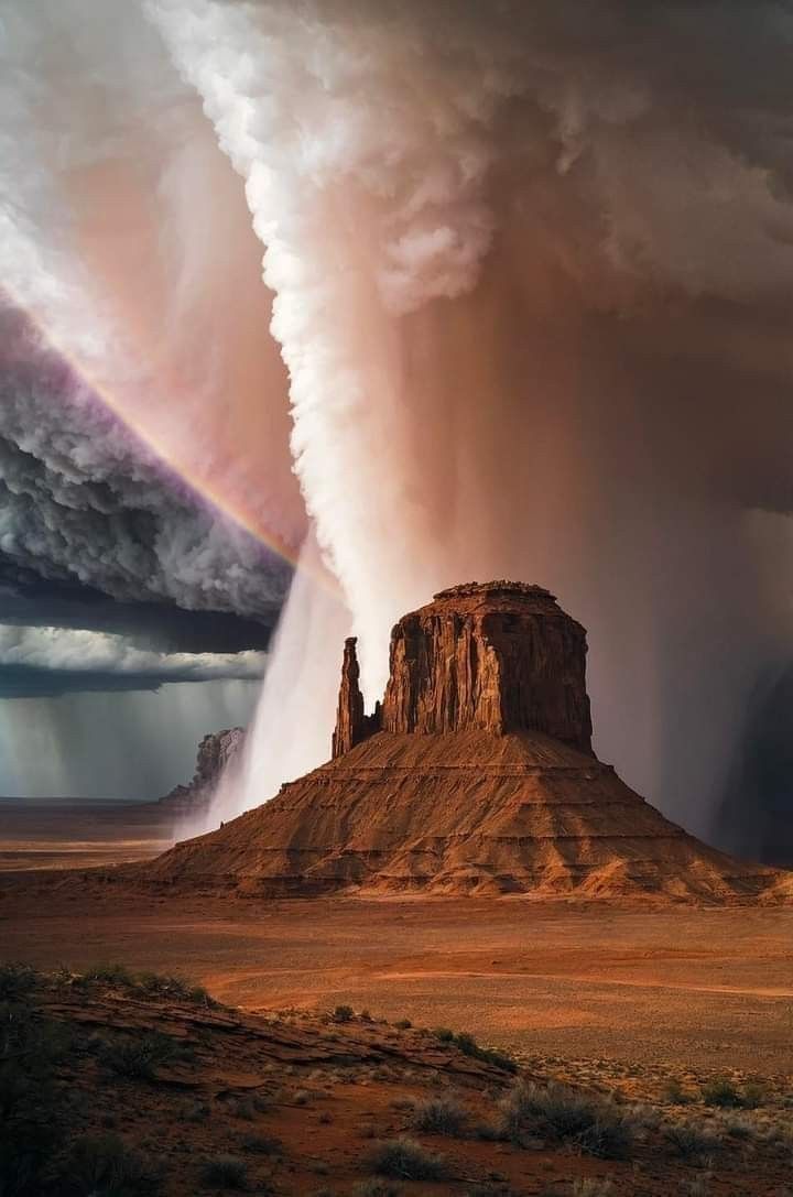 a very tall rock formation with a rainbow in the sky above it and some clouds