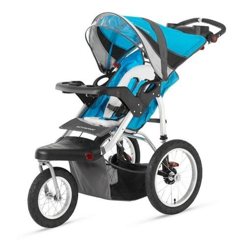 the baby stroller is shown with wheels and seat on it's back end