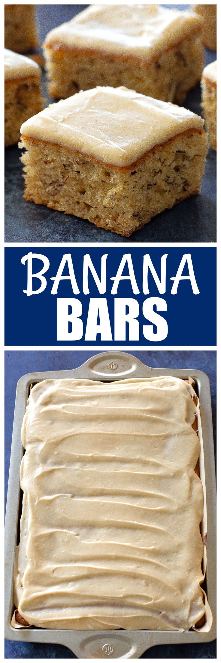 banana bars with cream cheese frosting in the middle and an image of bananas on top