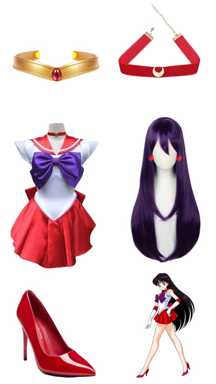 four different types of clothes and shoes for anime characters, with one woman's head in