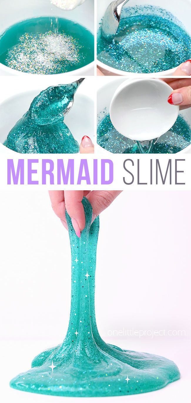 the process to make mermaid slime is shown in three different pictures, including one being pouring