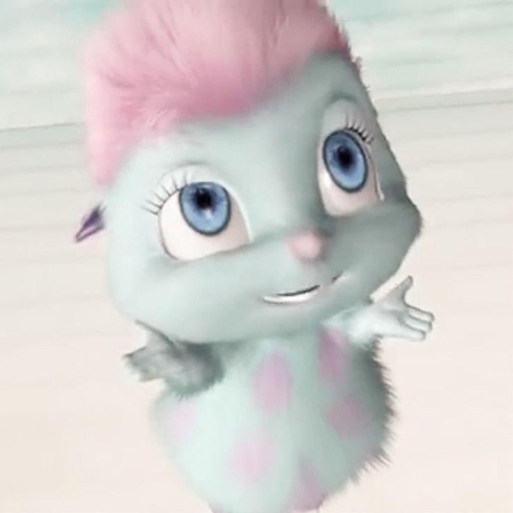 a cartoon character with pink hair and blue eyes standing in front of a white background