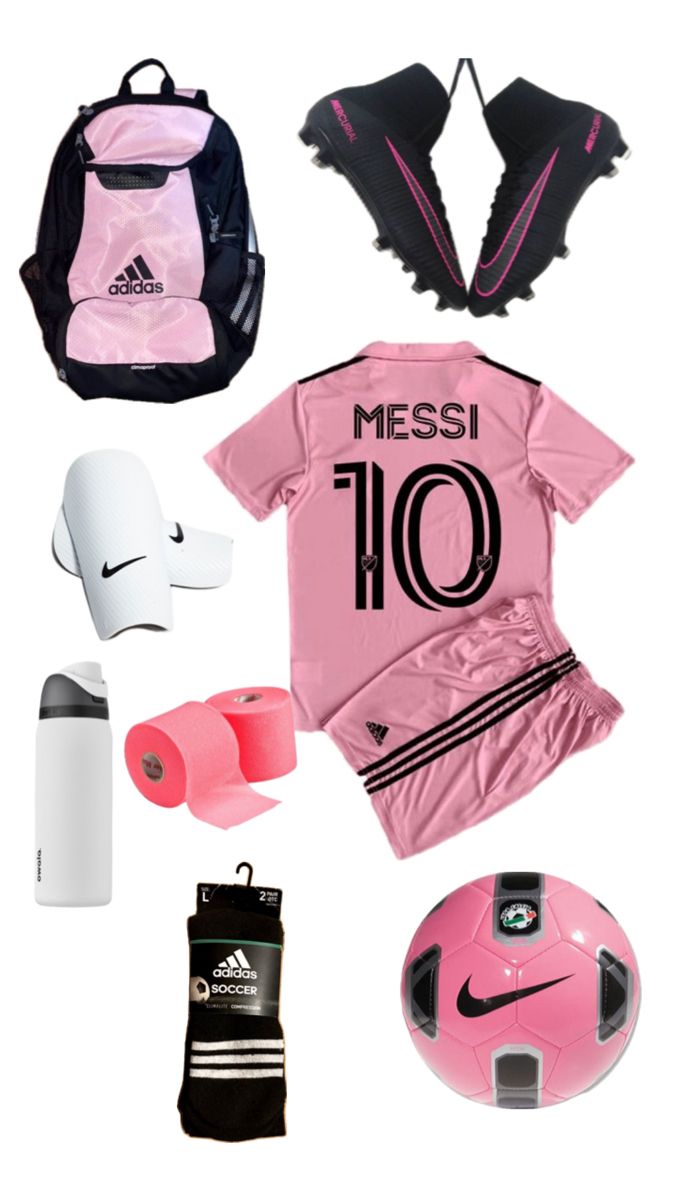 a pink soccer uniform and other items are shown