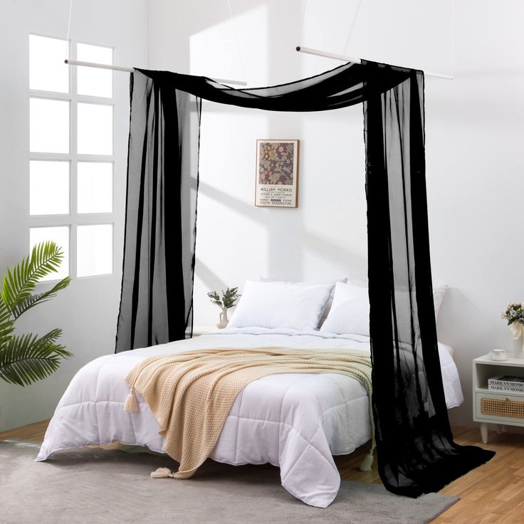 PRICES MAY VARY. Premium quality fabric : Our premium sheer scarfs are made from high thread voile polyester, making them strong, long-lasting, and less likely to rip or tear. Bed canopy scarf curtain Includes 1 long length 52" x 216" voile valance scarf. Perfect Decoration : Our sheer fabric window scarves can be used to top a window, make a bed canopy, decorate a child's room, kids canopy, or even for mosquito protection. Multifunction : Scarves can be used for wedding backdrop, baby shower ba Cozy Black Bedroom Canopy Bed, Curtain Hiding Bed, Black Canopy Bed White Bedding, Black And White Bedroom Canopy Bed, Blackout Curtains Canopy Bed, Velvet Curtain Canopy Bed, Canopy Bed For Guys, Bed Angled In Corner Of Room With Drapes, Canopy Bed Curtains Adult