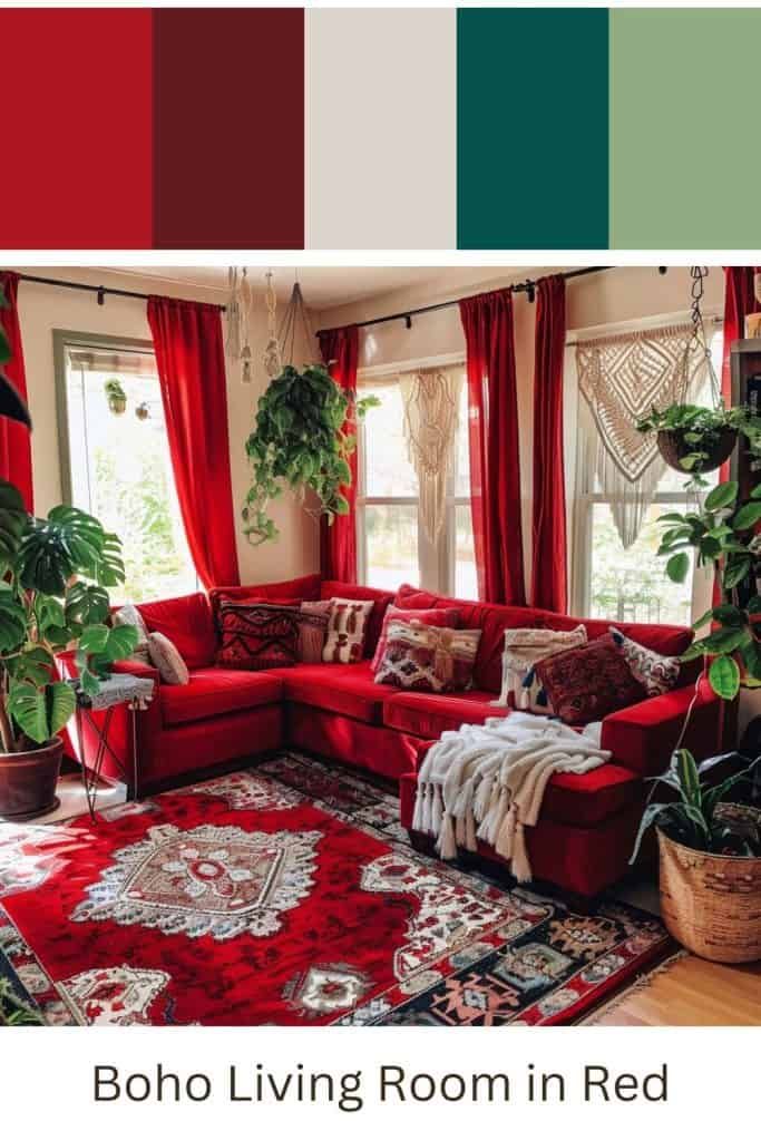 Red Boho Living Room: Color Palette and Houseplants Red Velvet Couch Living Room Ideas, Red Sofa Decorating Color Schemes, Red Wall Living Room, Red Sofa Living Room Ideas, Red Couch Living Room Ideas, Red Sofa Decorating, Red Couch Decor, Red Velvet Couch, Living Room Color Palette