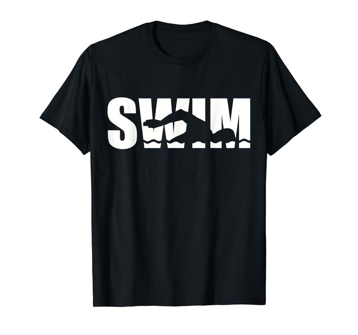 a black shirt with the word swim in white letters and an image of a shark