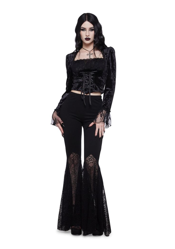 cuz you love the darkness. These pants have a velour construction, sheer floral lace bell bottoms, and a low waist fit. Velvet Bell Bottoms, Velvet Top Long Sleeve, Goth Look, Alt Outfits, Lace Pants, Goth Beauty, Fire Fits, Velvet Lace, Bell Bottom Pants