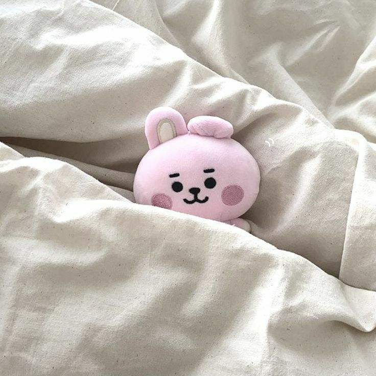 a pink stuffed animal laying on top of a bed