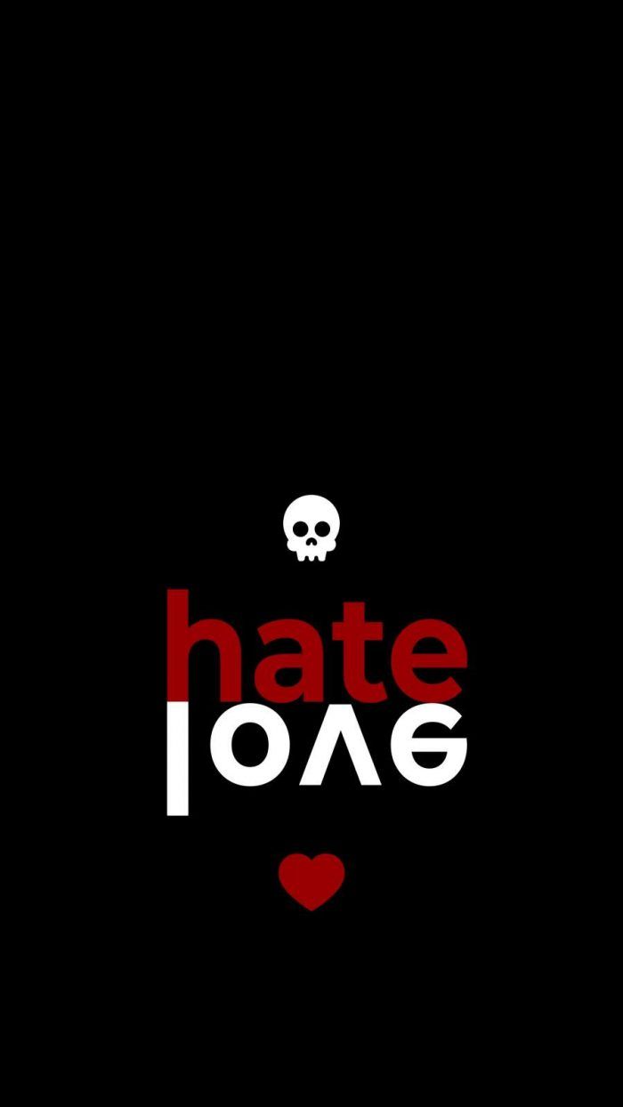 the text hate is written in red and white on a black background with a skull