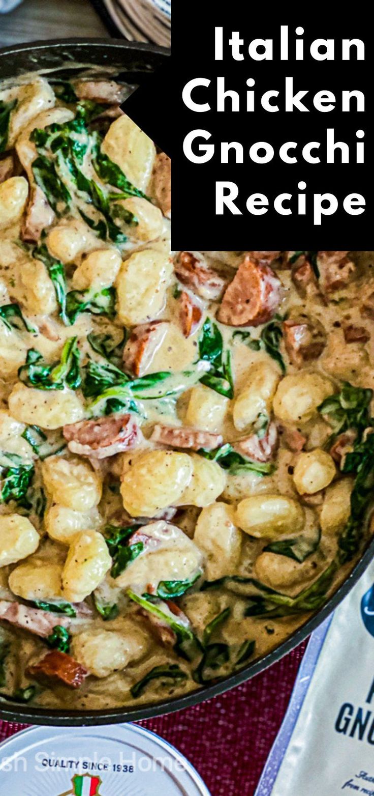 italian chicken gnocchini recipe in a skillet with spinach and cheese