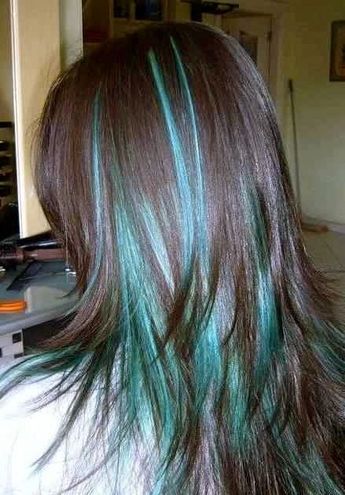 Turquoise Hair Peekaboo, Black With Teal Highlights, Black Turquoise Hair, Brown Hair With Aqua Highlights, Turquoise Streaks In Hair, Aquamarine Highlights Brown Hair, Brown And Pastel Hair, Brown Teal Hair, Light Blue Streaks In Black Hair