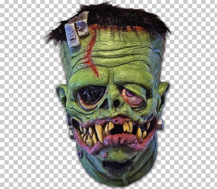 a green zombie mask with black hair and fangs on his face, which is wearing a clip